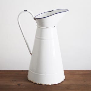 Vintage French Tall White Enamel Water Jug Pitcher
