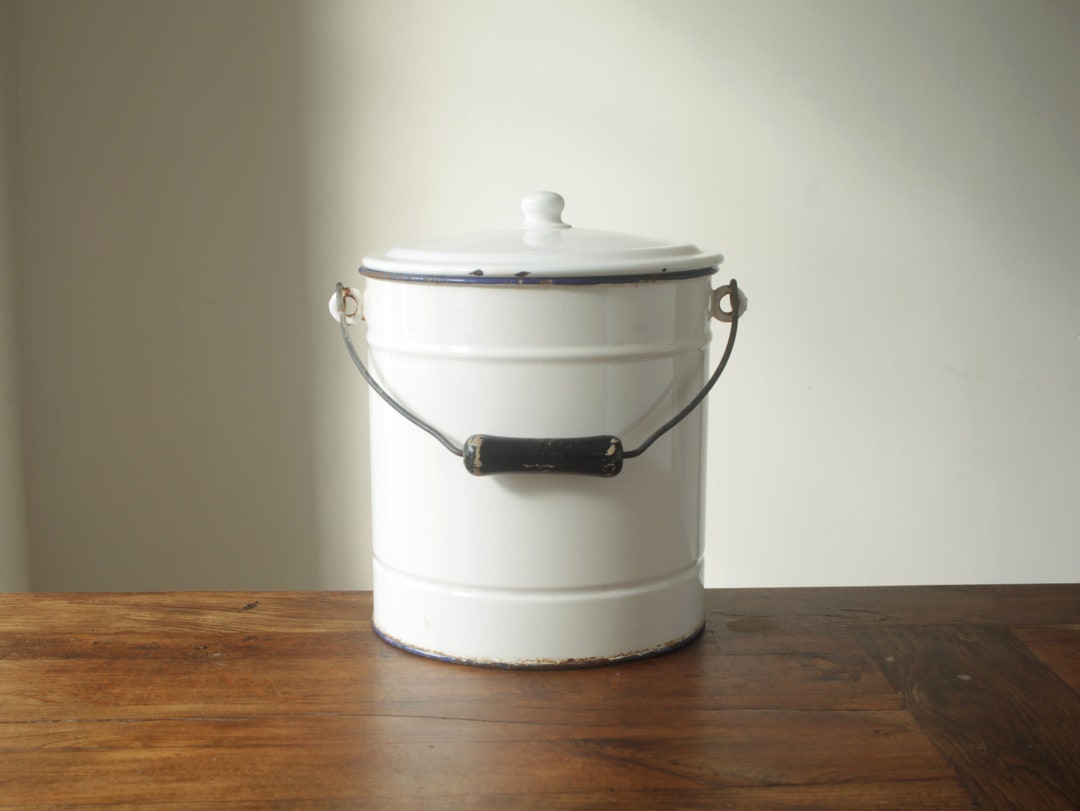 Vintage French White Enamel Bucket With Lid Etsy Australia