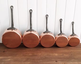 Vintage French Copper Cookware Set: 5 Professional Pots with Cast Iron Handles