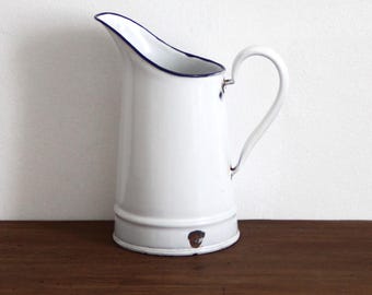 Vintage French Small White Enamel Water Jug Pitcher