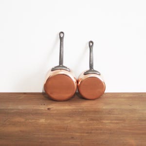 Vintage Italian Copper Pots Pans Saucepans with Cast Iron Handles Small Set of 2 Stamped Lagostina