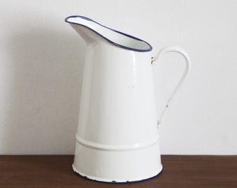 Vintage French Small White Enamel Water Jug Pitcher