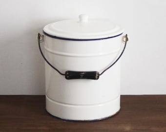Vintage French White Enamel Metal Bucket with Lid Laundry Storage