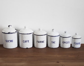 Vintage French White and Blue Enamel Canisters Pots Set of 6
