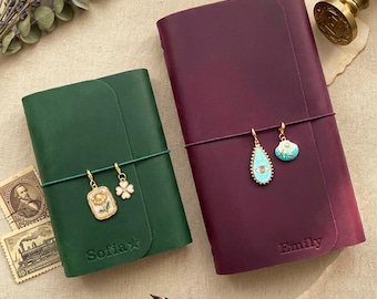 Personalized Refillable Leather Journal with Charms, Custom Name/Initials Trifold Cover Notebook