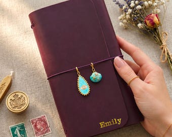 Trifold Traveler's Notebook with Charms: Custom Gold Foiled Name/Initials Notebook, Refillable Traveler's Notebook, A5 Journal