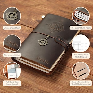 May include: A brown leather journal with a compass charm, fire-branded initials, and card slots. The journal has 192 pages and comes with three refill inserts. The inserts include lined, blank, grid, and dotted paper.
