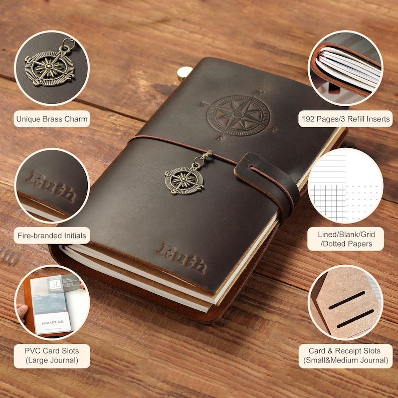 May include: A brown leather journal with a compass charm, fire-branded initials, and card slots. The journal has 192 pages and comes with three refill inserts. The inserts include lined, blank, grid, and dotted paper.