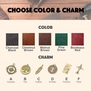 May include: A chart showing different leather colors and charms for a personalized leather product. The leather colors are charcoal black, chestnut brown, walnut brown, pine green, and bordeaux red. The charms are a compass, tree, feather, Christian cross, postcard, and airplane.