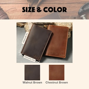 May include: Two leather passport holders in walnut brown and chestnut brown. The walnut brown holder features the embossed text BG with a star, and the chestnut brown holder features the text Zac. Dimensions are 6.1 inches by 4.13 inches.