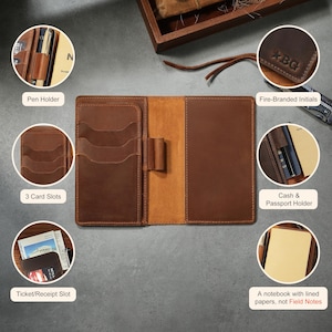 May include: A brown leather travel wallet featuring three card slots, a central pen holder, a dedicated cash and passport compartment, and a slot for tickets or receipts. The exterior displays fire-branded initials reading BG with a star.