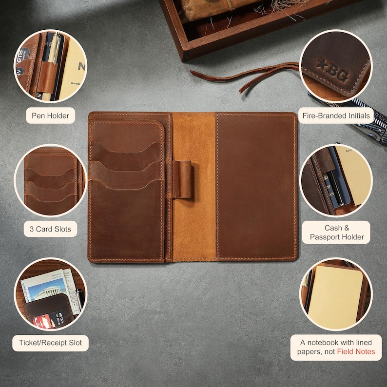 May include: A brown leather travel wallet featuring three card slots, a central pen holder, a dedicated cash and passport compartment, and a slot for tickets or receipts. The exterior displays fire-branded initials reading BG with a star.