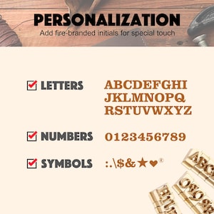 May include: A graphic showing personalization options for a product. The options include letters, numbers, and symbols. The letters are in uppercase and include A through Z. The numbers are 0 through 9. The symbols include a colon, period, slash, dollar sign, ampersand, star, heart, and registered trademark symbol.