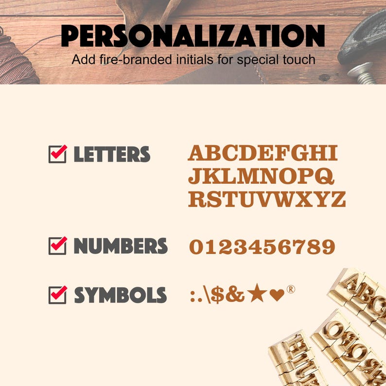 May include: A graphic showing personalization options for a product. The options include letters, numbers, and symbols. The letters are in uppercase and include A through Z. The numbers are 0 through 9. The symbols include a colon, period, slash, dollar sign, ampersand, star, heart, and registered trademark symbol.