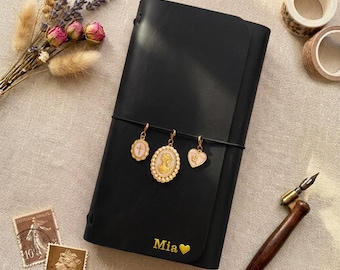 Personalized Trifold Leather Journal, Refillable Traveler's Notebook with Charms, Custom Name/Initials A5 Notebook