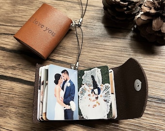 Personalisierter Leder Schlüsselanhänger mit 12 Fotos und Text | Fotoalbum Schlüsselanhänger | Einzigartiges Geschenk für Jahrestag Hochzeit Abschluss Verlobung