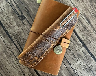 Embossed Brown Leather Pen Case | Leather Pen Pencil Sleeve Holder | Diary Accessory | Gifts for Him Her Anniversary Wedding Dad Mom Gift