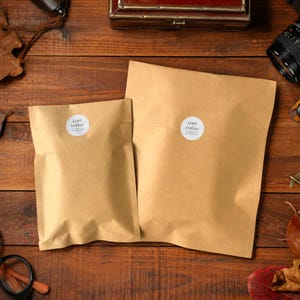 May include: Two rectangular brown paper envelopes of different sizes, each sealed with a circular white sticker featuring the black text Lost & Found. The envelopes are plain, opaque, and made of light brown kraft paper with a smooth, matte texture.