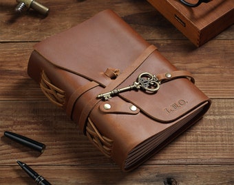 May include: A brown leather journal with a key charm and the word "L.E.O." embossed on the cover. The journal is closed and has a braided leather strap.