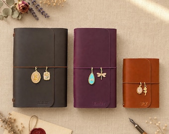 Refillable A5 Leather Journal, Personalized Trifold Notebook with Charms, Custom Name/Initials Leather Cover