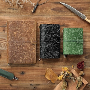 Carnet de voyage en cuir fleuri gaufré | Carnet de notes rechargeable en cuir fait main | Cadeaux pour lui, son anniversaire de mariage