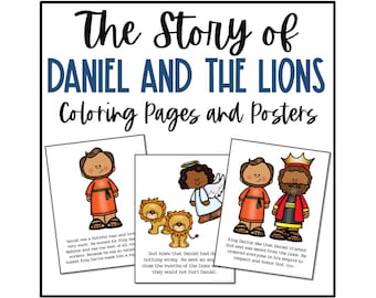 May include: Three black and white coloring pages featuring illustrations of Daniel, an angel, and King Darius from the Bible story of Daniel and the Lions. The pages include text describing the story.