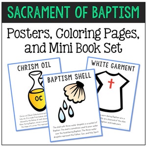 May include: A set of four printable posters for a baptism ceremony. The posters feature illustrations of a white garment, a shell with water droplets, a bottle of oil, and the text "Sacrament of Baptism".