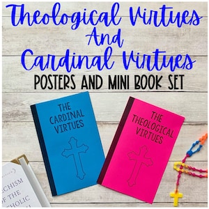 Puede incluir: Dos pequeños libros azul y rosa con una cruz en la portada. Los libros se titulan "Las Virtudes Cardinales" y "Las Virtudes Teológicas". Los libros están sobre una superficie de madera con un rosario de colores.
