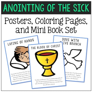 Può includere: Tre pagine da colorare stampabili per l'unzione degli infermi. Le pagine presentano illustrazioni dell'imposizione delle mani, il sangue di Cristo e una colomba con un ramo d'ulivo. Le pagine sono progettate per essere utilizzate come poster, pagine da colorare o un mini-libro.