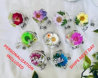 Pressed- resin-real flowers- rn-flower badge reel-doctor-nurses-office- Christmas-badge buddy-name technician-clinic-gifts for nurse-Xray