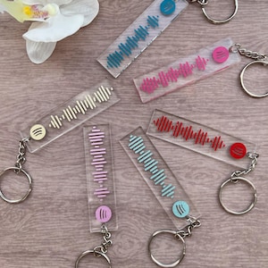 May include: Six clear acrylic keychains with different coloured Spotify wave designs. Each keychain has a silver key ring and a small round charm with the Spotify logo.