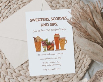 Modèle d’invitation à un cocktail d’automne - Pulls, foulards et gorgées - Personnalisable dans Canva - Automne Cocktail Party Evite