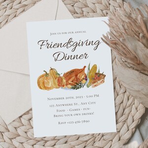 May include: A Friendsgiving Dinner invitation with watercolor illustrations of pumpkins, a roasted turkey, corn, and pie. The invitation includes the text "Join us for our annual Friendsgiving Dinner" and event details. The invitation is on a white background.