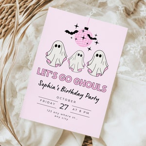 Lets Go Ghouls Invite Tempate | Girly Halloween Birthday Party Invitation: &#39;Let&#39;s Go Ghouls&#39; - Editable Canva Template