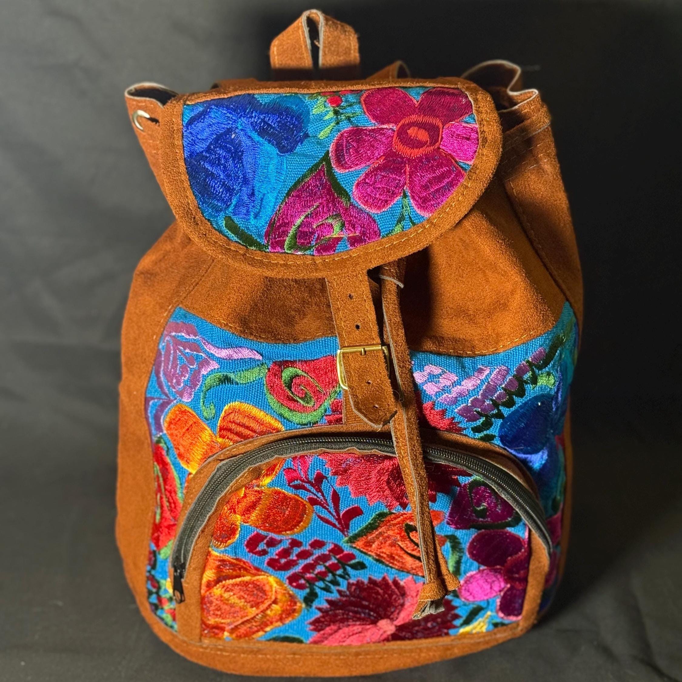 Boho Guatemalan Leather Backpack Woven Tribal Festival Artisan Bag Hacienda Backpack is Handmade by Women in Guatemala  main image 2
