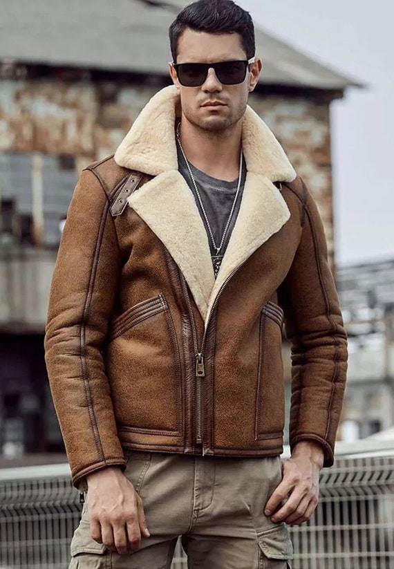 Mens Shearling B3 Bomber Flight Aviator Sheepskin Leather Jacket