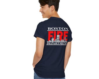 Camiseta de algodón grueso con estampado del horizonte urbano del Departamento de Bomberos de Boston