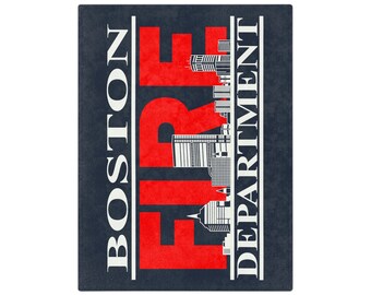 Boston Fire Department Skyline Cityscape Velveteen Minky Blanket - Navy Blue