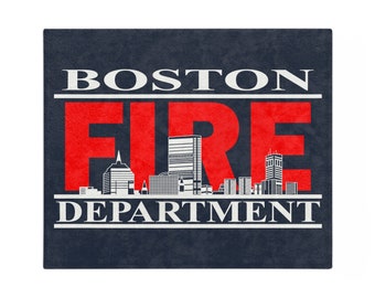 Boston Fire Department Skyline Cityscape Velveteen Minky Blanket - Navy Blue