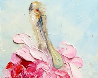 Roseate spoonbill painting original Pink bird small painting