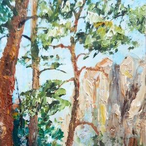 Dipinto originale di un pino con texture Piccola opera d'arte con paesaggio del parco nazionale colori tenui realistici