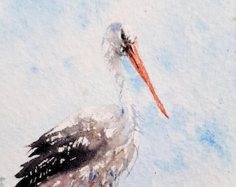 Stork painting original ACEO size bird portrait hand painted