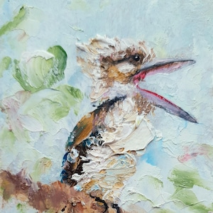 Pintura original de Kookaburra, tamaño ACEO, arte pequeño, retrato de pájaro salvaje, pintura al óleo texturizada, impresionista