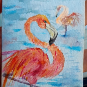 Flamingo painting original Small handmade watercolor painting Bird lovers gift