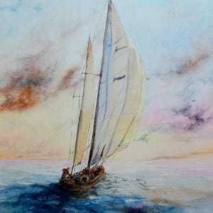 Sailing painting original Sailor in sailboat watercolor artwork Sea lovers gift