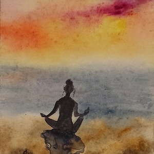 Meditazione yoga dipinto originale Tramonto Paesaggio marino dipinto Rilassamento corpo arte positiva Calma pittura positiva