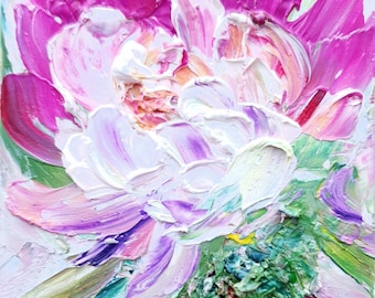 Pfingstrose Malerei Original Rosa weiße Blumen abstrakte pastose Ölgemälde Strukturierte handgemachte Kunstwerk neutrale Farben