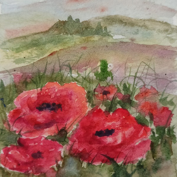 Tuscany painting original Small landscape artwork Poppy meadow watercolor painting handmade Italy landscape art