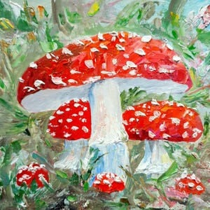 Fly Agaric Painting: Textured Impasto Mushroom Art (2.5x3.5) image 1