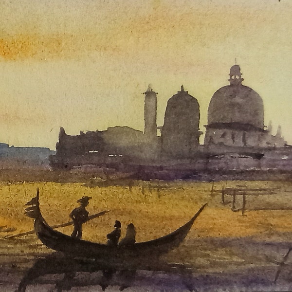 Peinture originale de Venise petite oeuvre d'art de paysage urbain Gondolier en gondole, peinture à l'aquarelle faite à la main en Italie, art de paysage